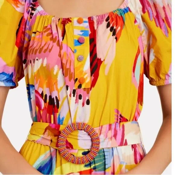 SOLD FARM Rio Neon Macaws Maxi Dress Beaded Tropical Bird Yellow Pink Size L - Picture 6 of 16